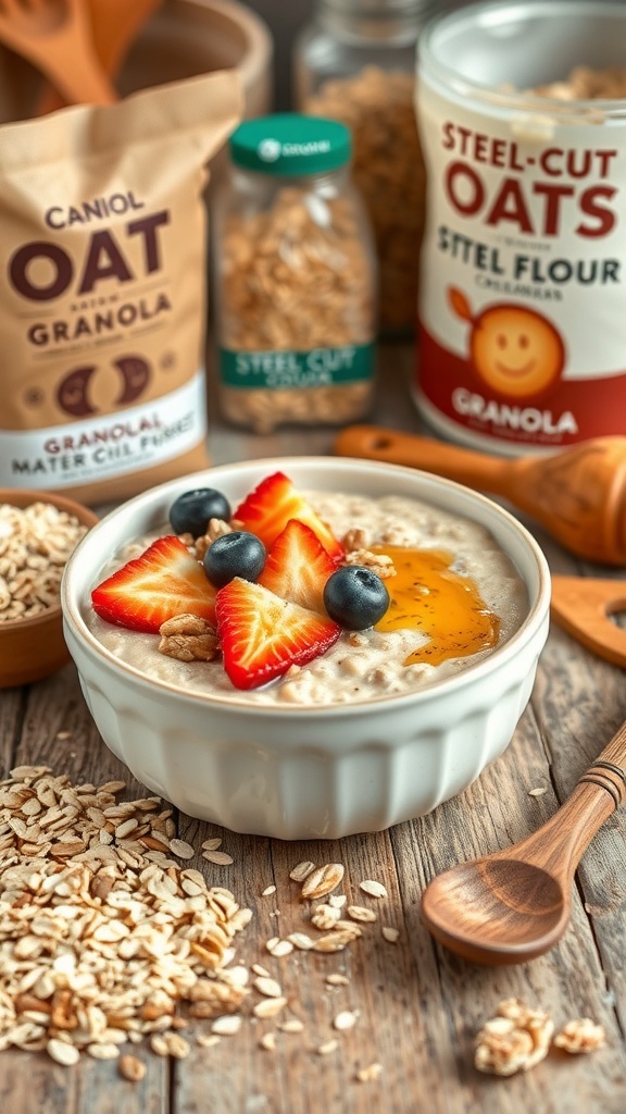 A bowl of oatmeal with fruits and nuts, alongside various oat products in a rustic kitchen.